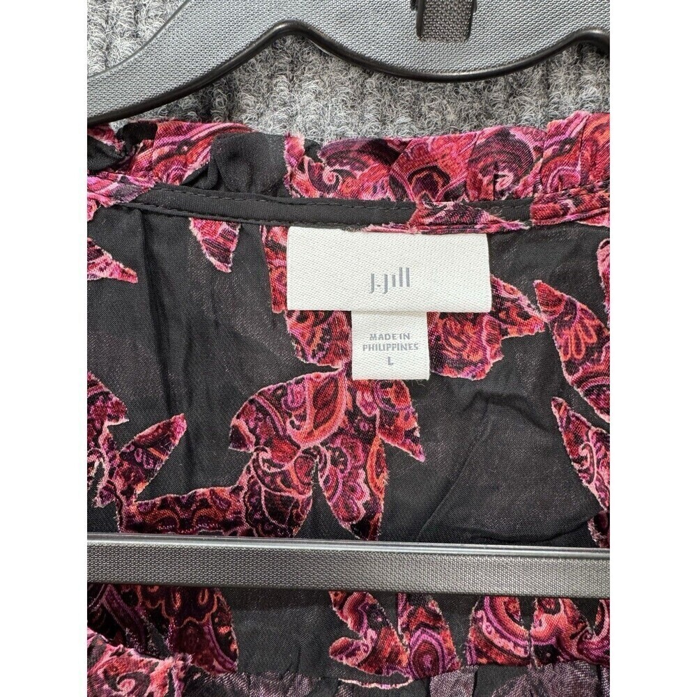 J. Jill Burnout Semi Sheer Top Womens Large Red Black Floral Button Long Sleeve - Picture 7 of 12